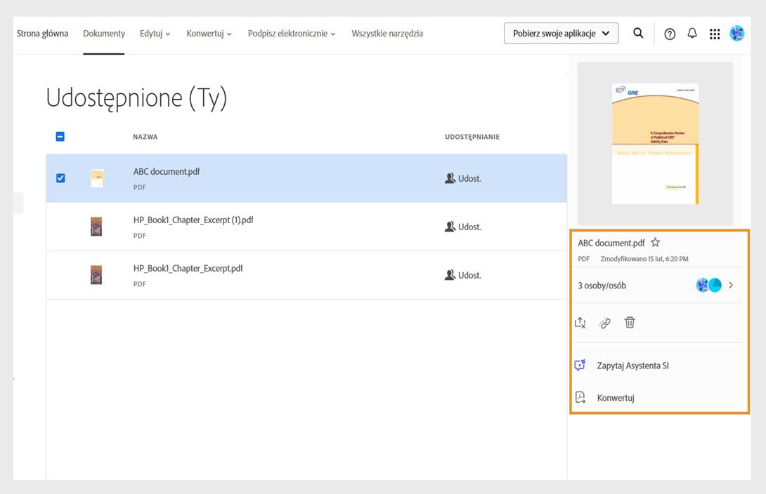 Wybranie dokumentu z listy powoduje wyświetlenie panelu narzędzi, który umożliwia wyświetlenie szczegółów udostępnionego dokumentu.