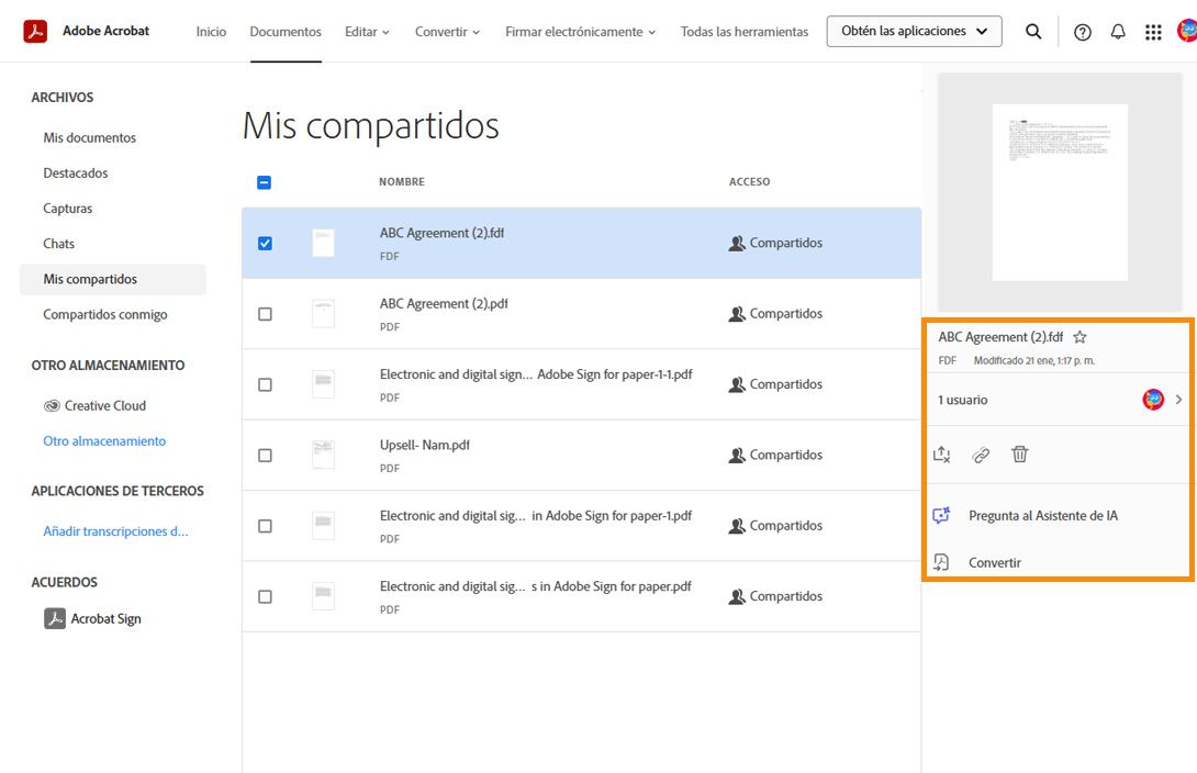 Al seleccionar un documento de la lista, aparece el panel de herramientas que te permite ver los detalles del documento compartido.