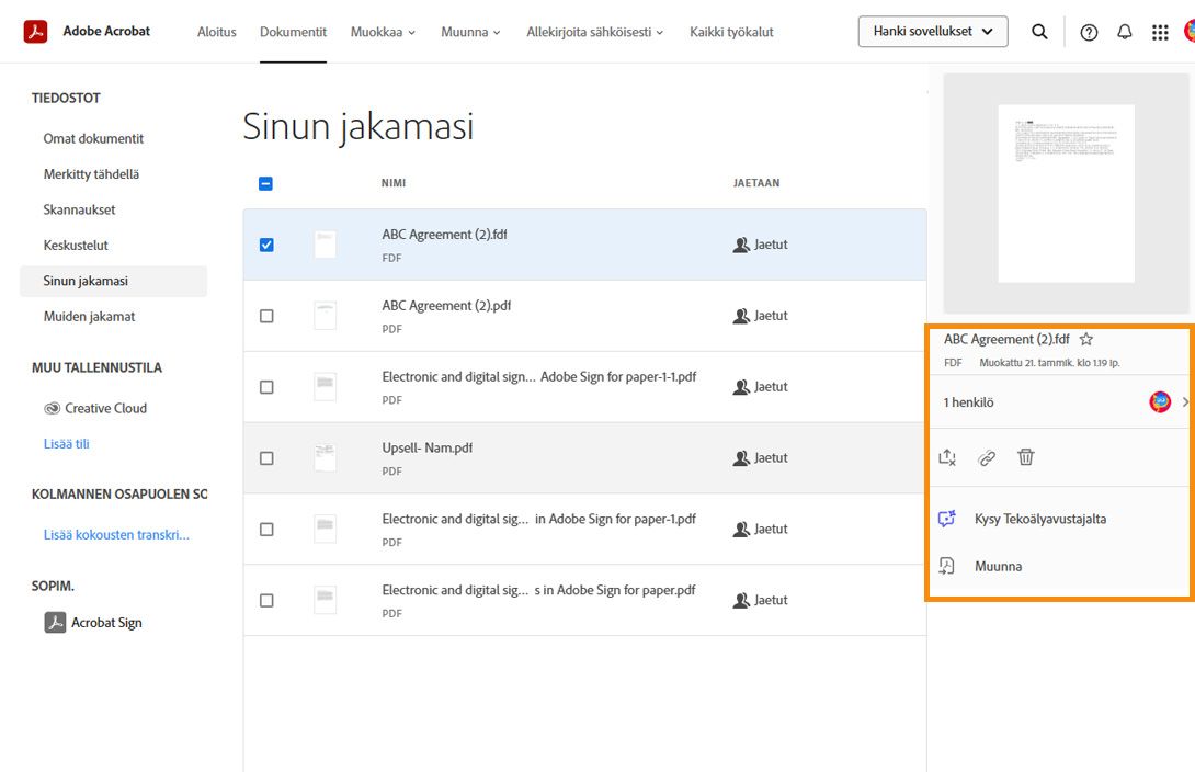 Kun valitset asiakirjan luettelosta, näkyviin tulee työkaluruutu, jonka avulla voit tarkastella jaetun asiakirjan tietoja.