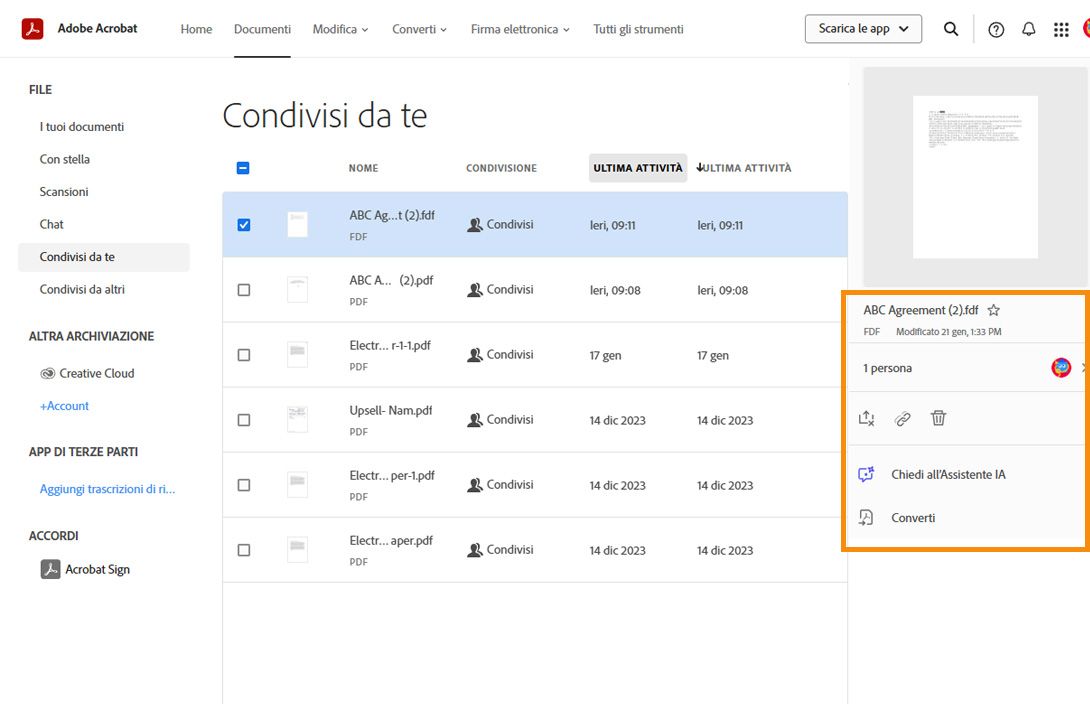 Quando selezioni un documento dall’elenco, viene visualizzato il riquadro degli strumenti dal quale puoi visualizzare i dettagli del documento condiviso.