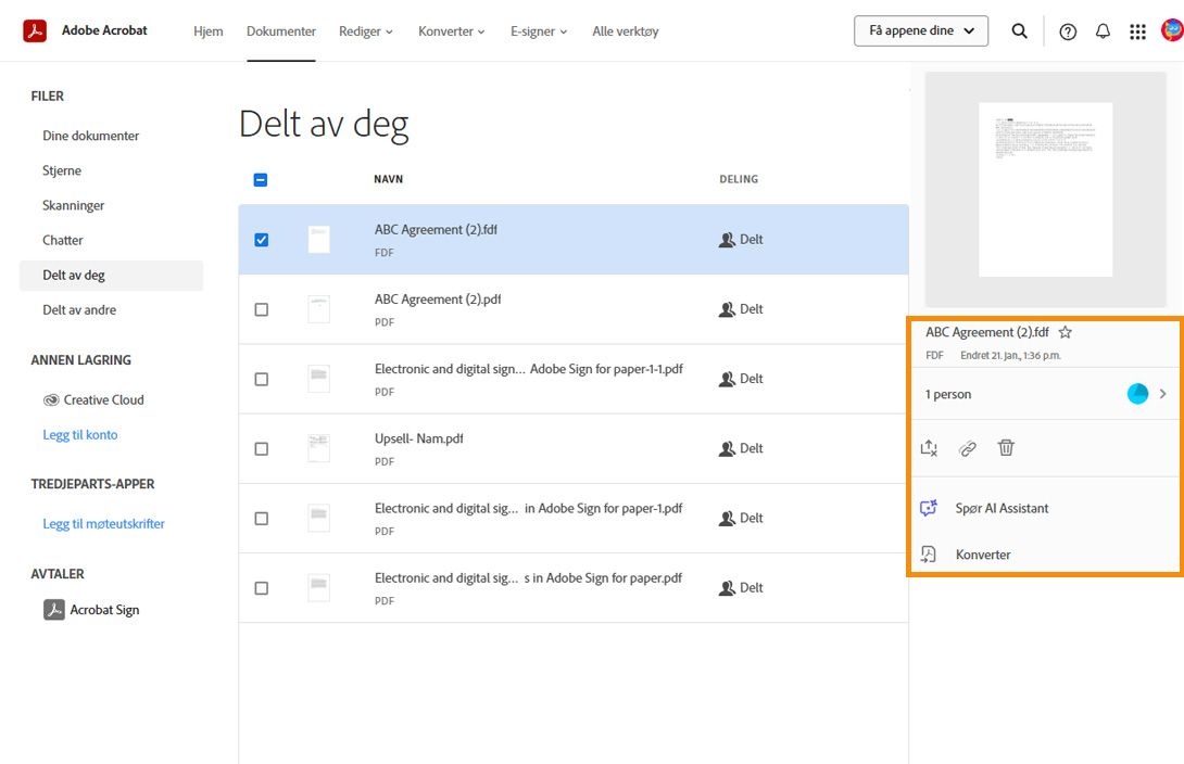Når du velger et dokument fra listen, vises verktøyruten der du kan se detaljene for det delte dokumentet.