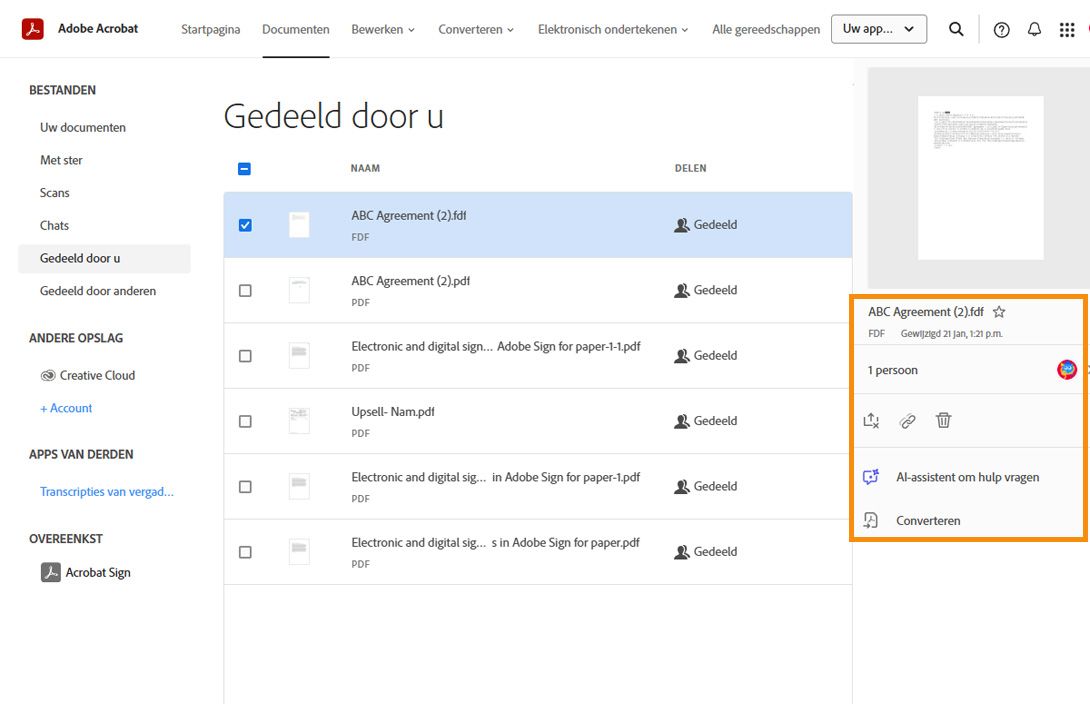Als u een document in de lijst selecteert, wordt het gereedschapsvenster weergegeven waarmee u de details van het gedeelde document kunt bekijken.