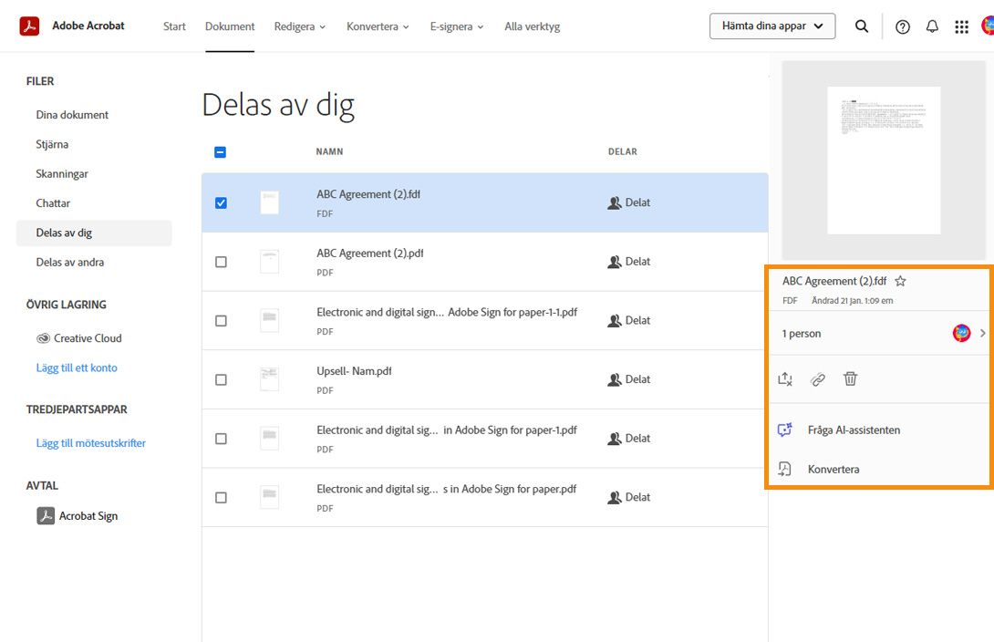 Om du väljer ett dokument från listan visas verktygspanelen som låter dig se de delade dokumentdetaljerna.