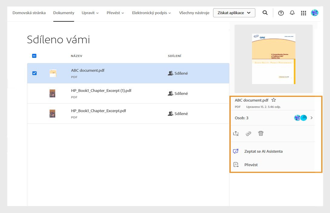Výběrem dokumentu ze seznamu zobrazíte panel nástrojů, pomocí kterého můžete zobrazit podrobnosti o sdíleném dokumentu.