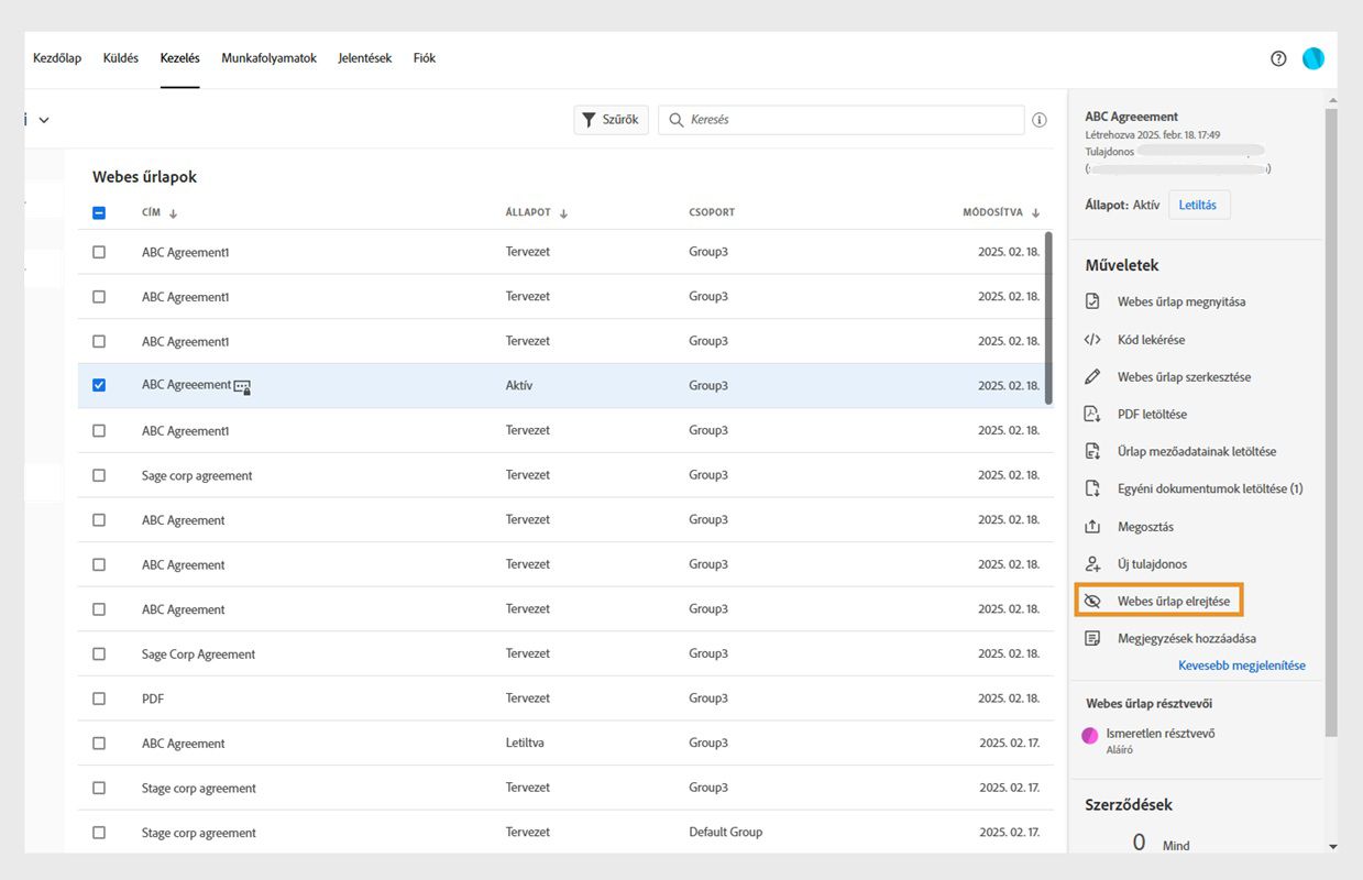 A kijelölt webes űrlap a Műveletek menüt mutatja a jobb oldali ablaktáblán. A „Webes űrlap elrejtése” gomb ki van emelve.