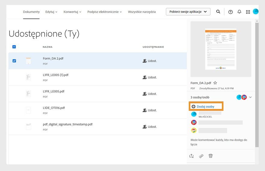Trwająca umowa wyświetla prawy panel z informacjami o umowie. Opcja „Dodaj osoby” jest podświetlona. 