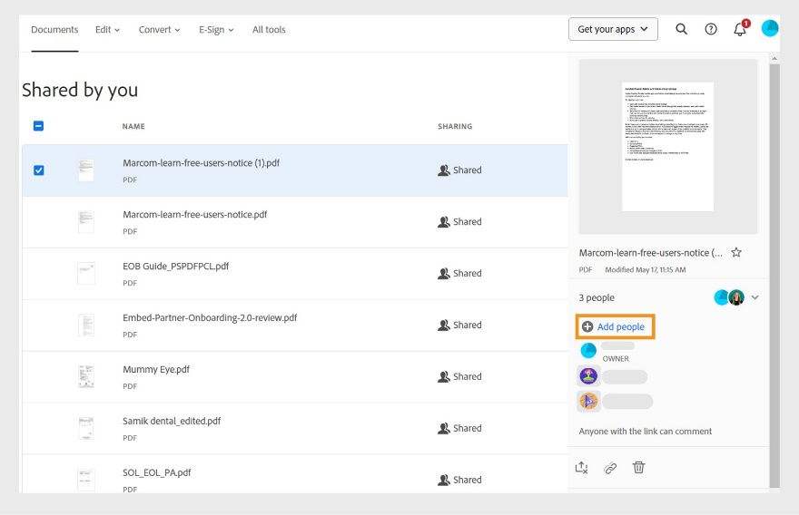 Nagpapakita ang kasunduan na nasa proseso ng kanang pane na may impormasyon ng kasunduan. Na-highlight ang 'Add people' na opsyon. 