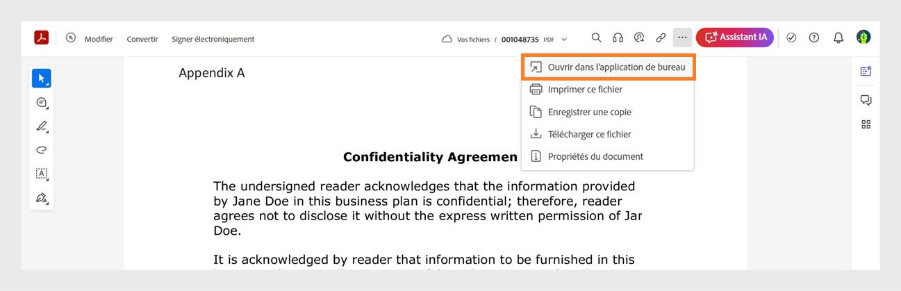 Si vous sélectionnez l’icône à 3 points, un menu s’ouvre. Il vous permet d’ouvrir le document dans l’application de bureau, d’imprimer le fichier, de le télécharger et d’afficher les propriétés du document.