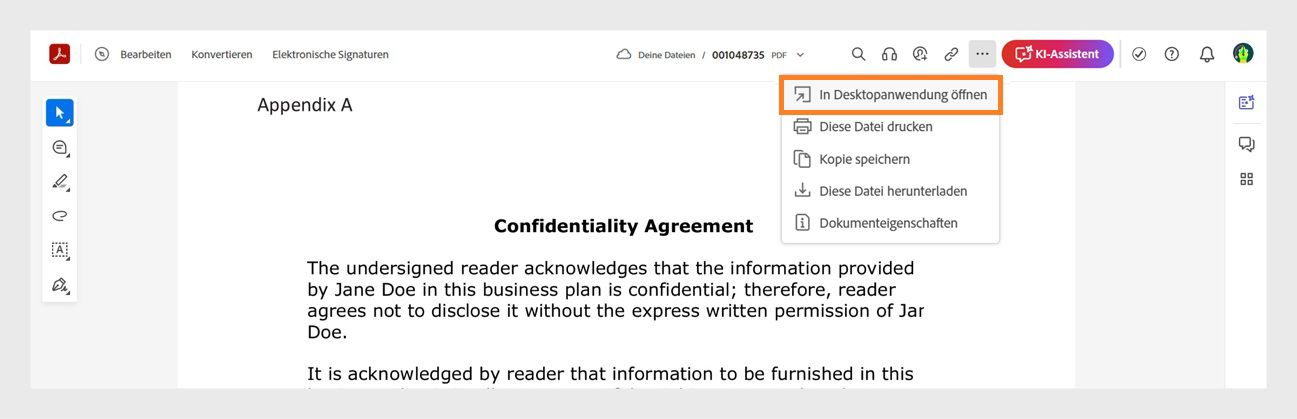 Durch Auswahl des Drei-Punkte-Symbols wird ein Menü geöffnet, das Optionen zum Öffnen des Dokuments in der Desktop-Anwendung, zum Drucken der Datei, zum Herunterladen der Datei und zum Anzeigen der Dokumenteigenschaften bietet.