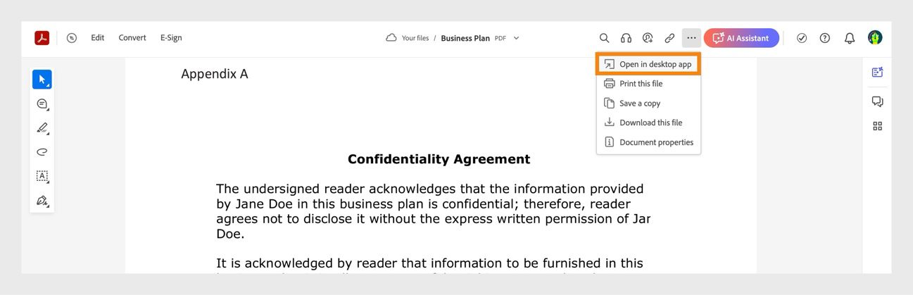 Ang pagpili sa 3-dot icon ay magbubukas ng menu na nagbibigay ng mga option para buksan ang document sa desktop app, i-print ang file, i-download ang file, at tingnan ang mga document property.