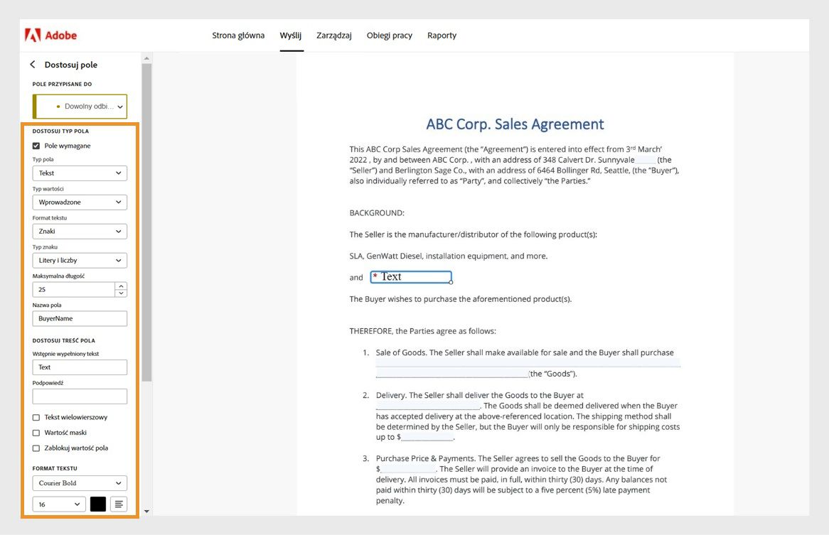 Wybranie pola formularza powoduje wyświetlenie narzędzi do dostosowywania pola w lewym panelu. Panel zawiera narzędzia do ustawiania formatu tekstu, typu znaków, maksymalnej długości, ustawień czcionki i innych.