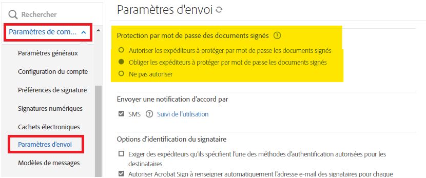 Menu administrateur Paramètres d’envoi mettant en évidence les commandes « Protection par mot de passe des documents signés »