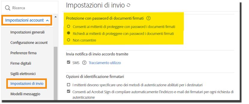 Impostazioni di invio nel menu di amministrazione che evidenzia i controlli “Protezione tramite password del documento firmato”.