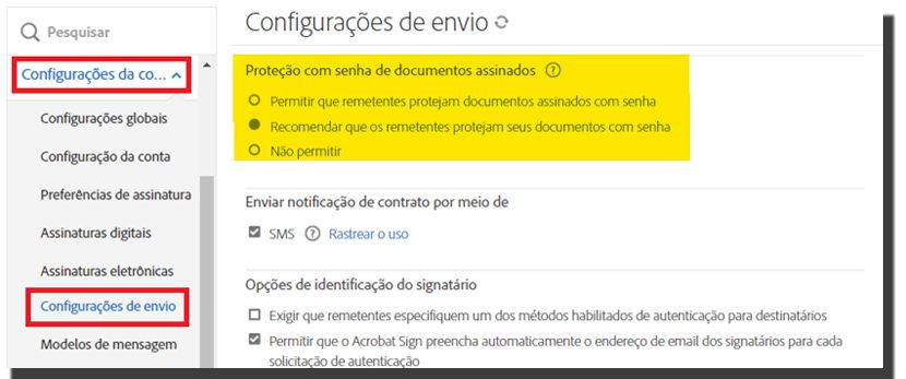 O menu do administrador Configurações de envio realçando os controles “Proteção por senha do documento assinado”.