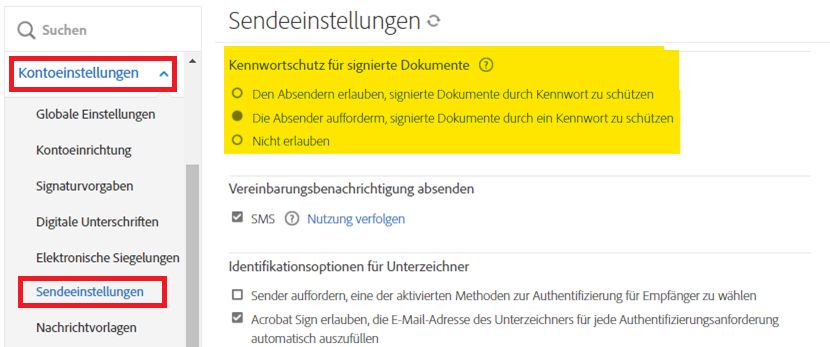 Das Admin-Menü „Sendeeinstellungen“, in dem die Optionen für den Passwortschutz signierter Dokumente hervorgehoben sind.