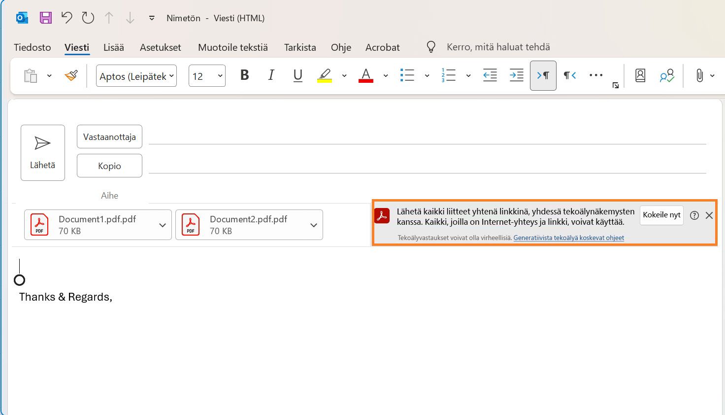 Lähetä liitteet PDF Spaces -tiloina