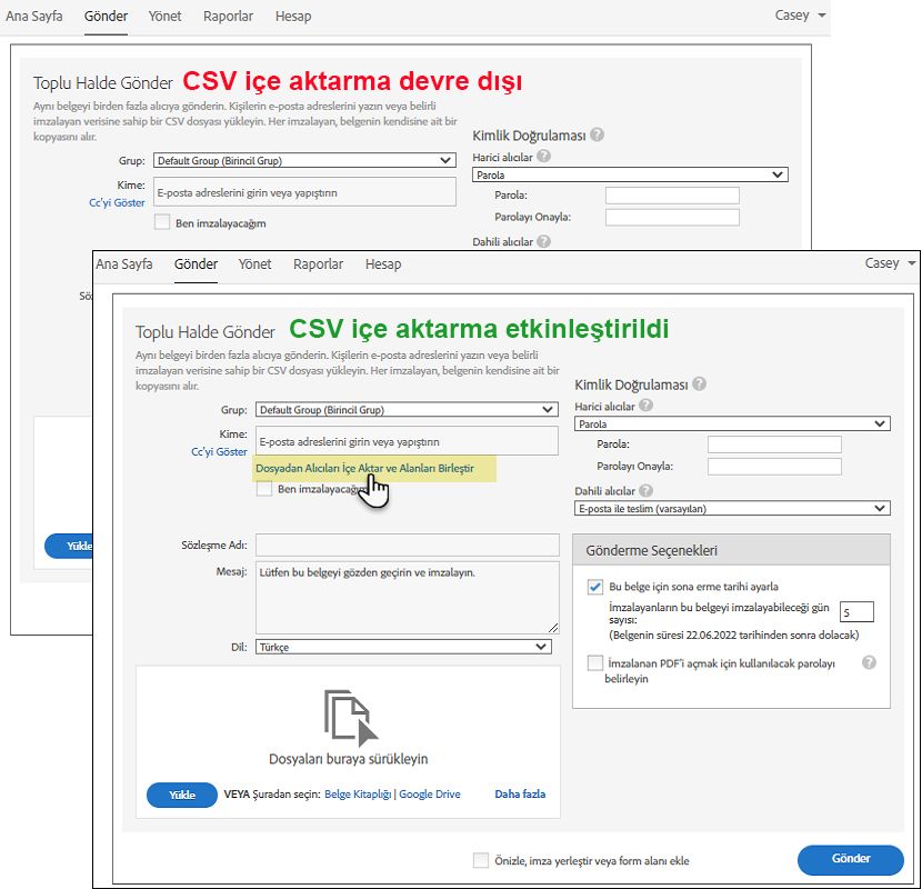 CSV yüklenmesine izin ver