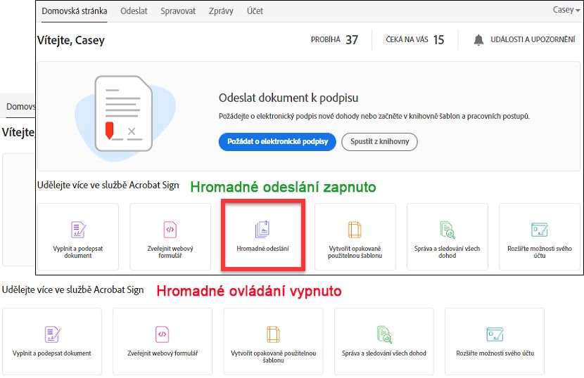Zapnutí funkce Hromadné odeslání