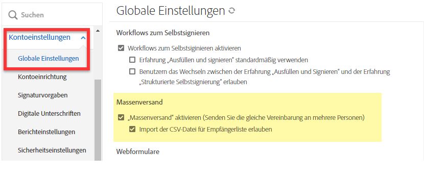 Massenversand – Steuerelemente