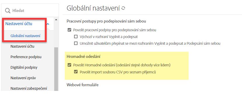 Ovládací prvky hromadného odeslání