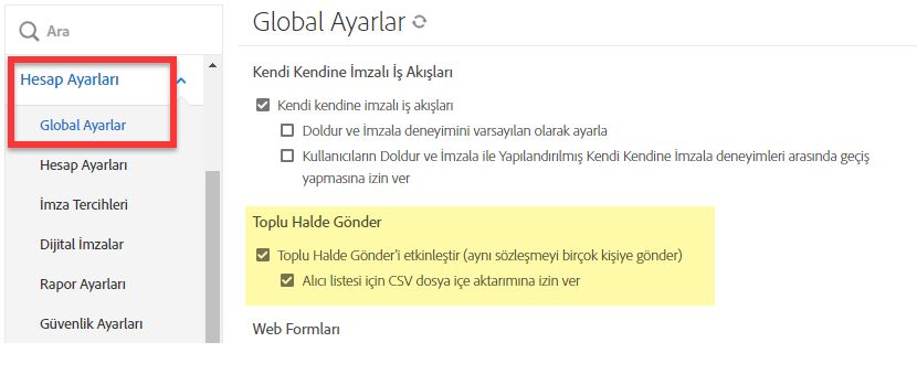 Toplu Halde Gönder kontrolleri