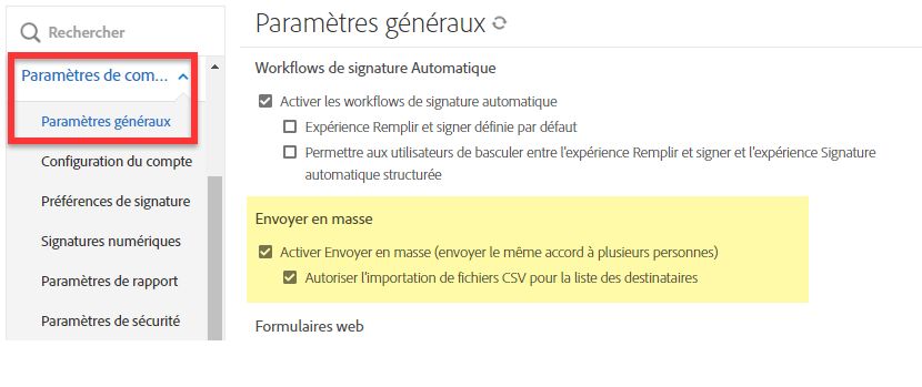 Commandes de la fonctionnalité Envoyer en masse