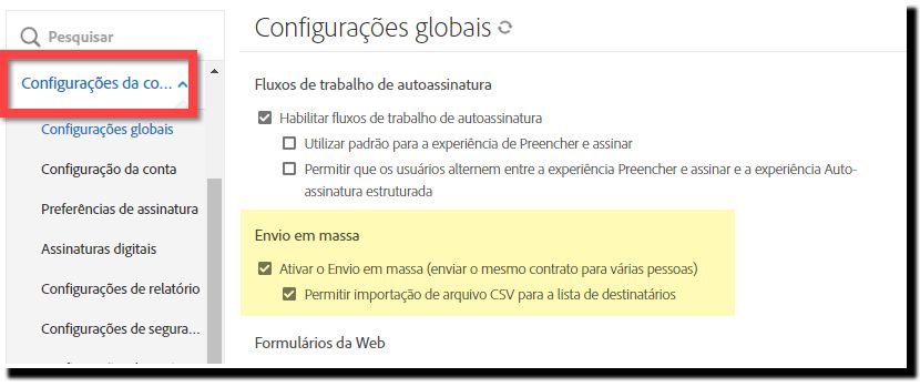 Controles do Envio em massa