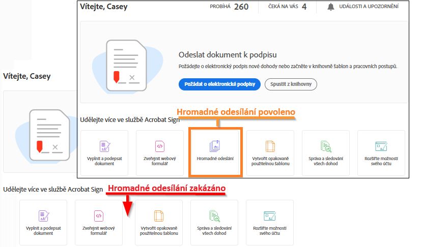 Domovská stránka znázorňující povolenou a zakázanou funkcí Hromadné odeslání