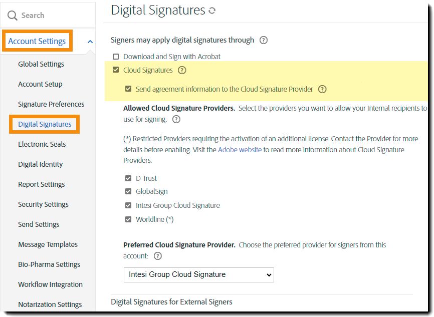 Konfigurationssiden for digitale signaturer med indstillingen &quot;Send aftaleoplysninger til leverandør af cloudsignaturer&quot; fremhævet.