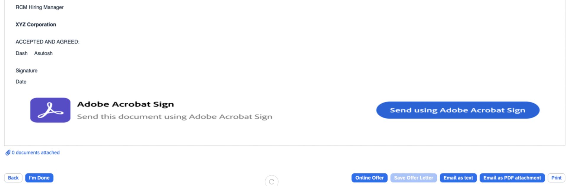 Je otevřeno dialogové okno sdílení nabídky. Je zvýrazněno tlačítko Odeslat pomocí Adobe