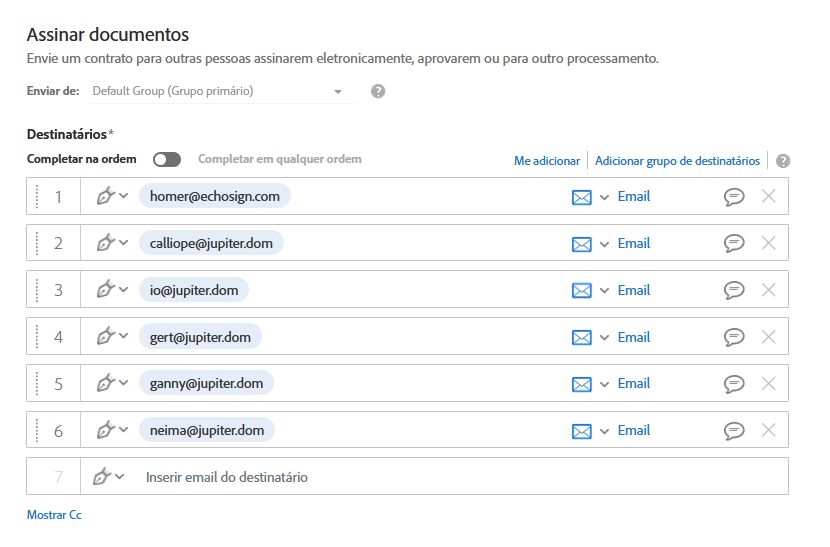 Seis recipients configurados para um contrato