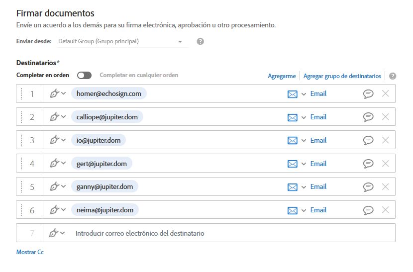 Seis destinatarios configurados para un acuerdo