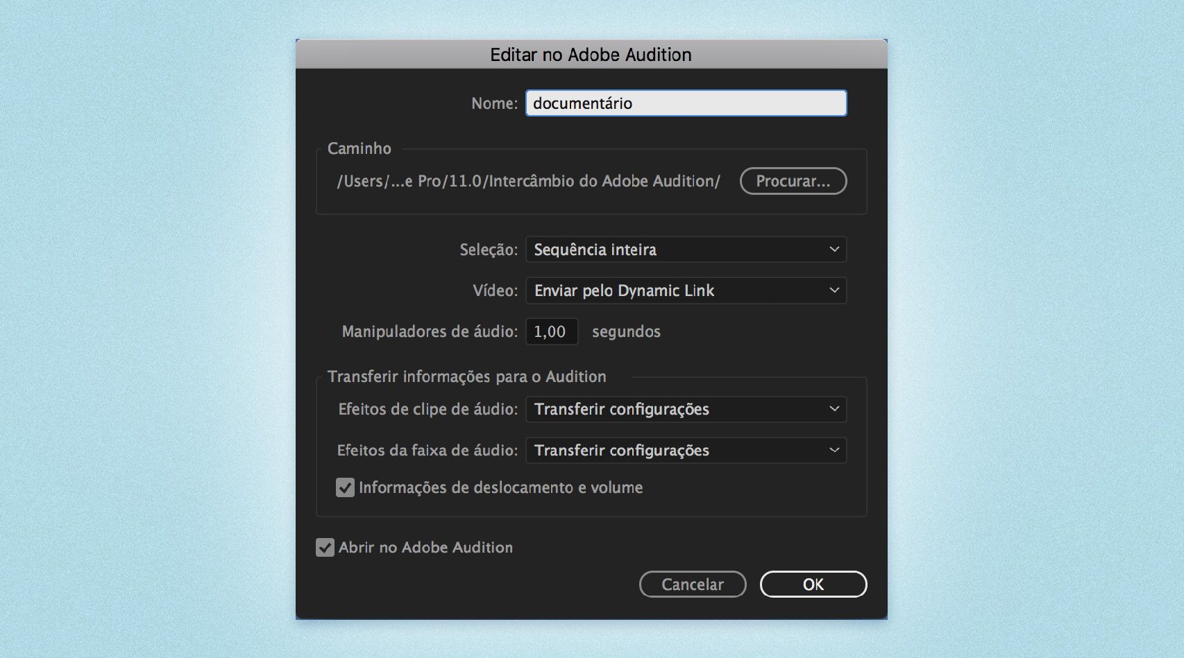 Enviar sequência para o Audition