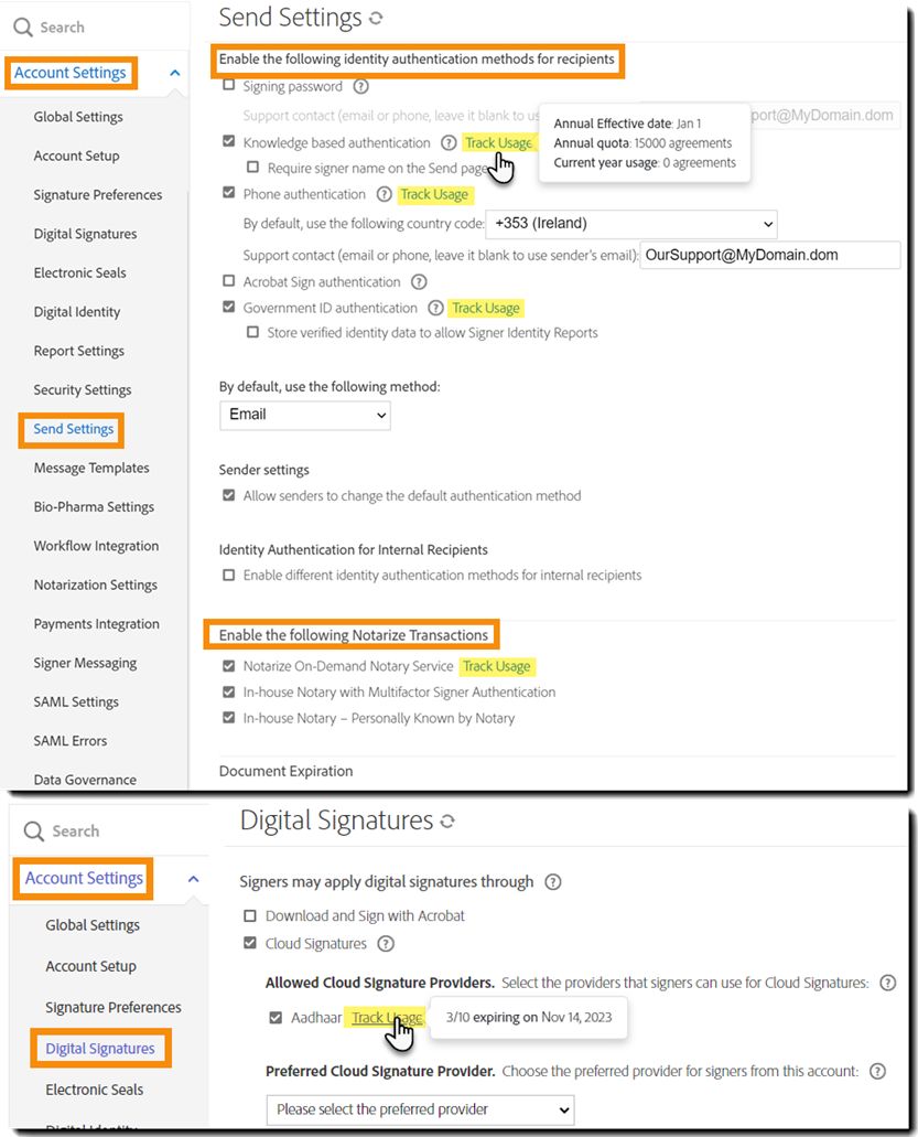 Collegamenti relativi all’utilizzo nel menu Impostazioni di invio