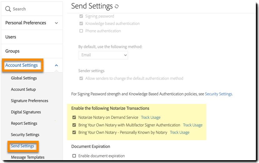 La página Configuración de envío con la configuración de Notarize resaltada