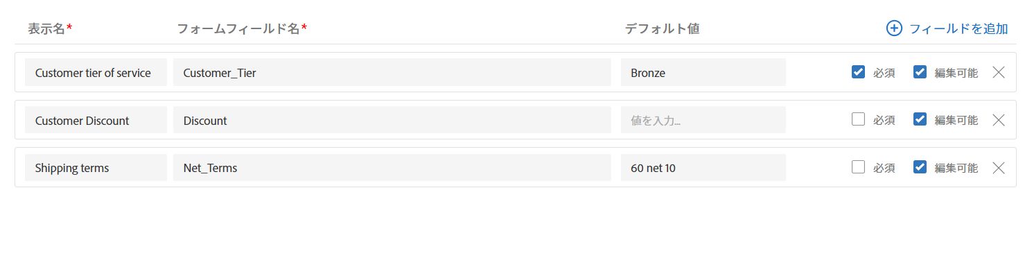 フォームフィールドのデフォルトが複数表示された「送信者入力フィールド」タブ