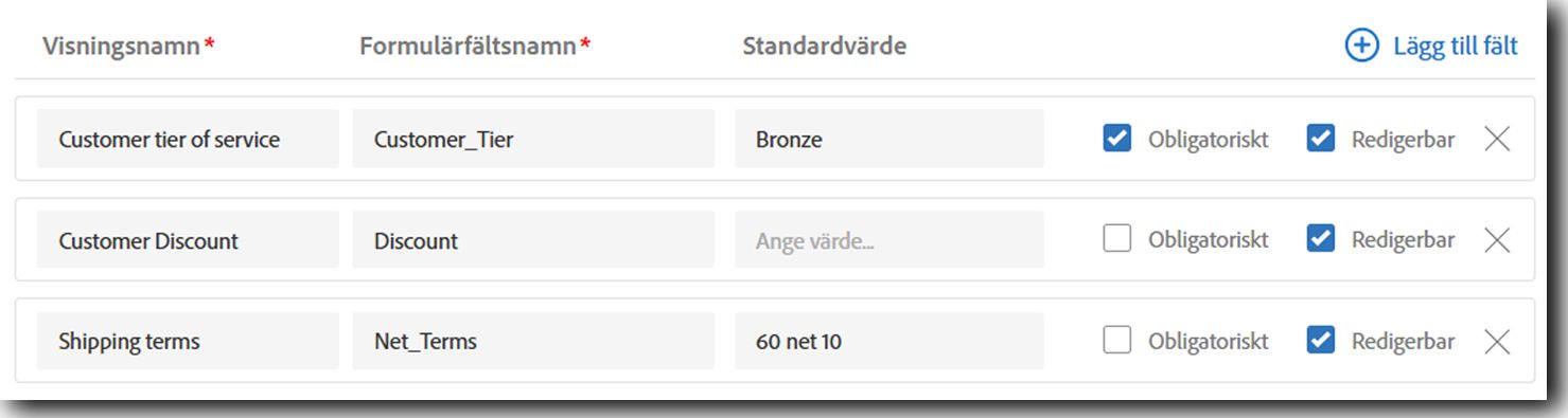 Fliken Indatafält för avsändare visar några standardinställningar för formulärfält