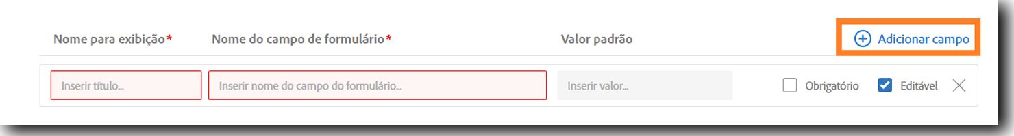 A guia Campos de entrada do remetente destaca o botão Adicionar campo