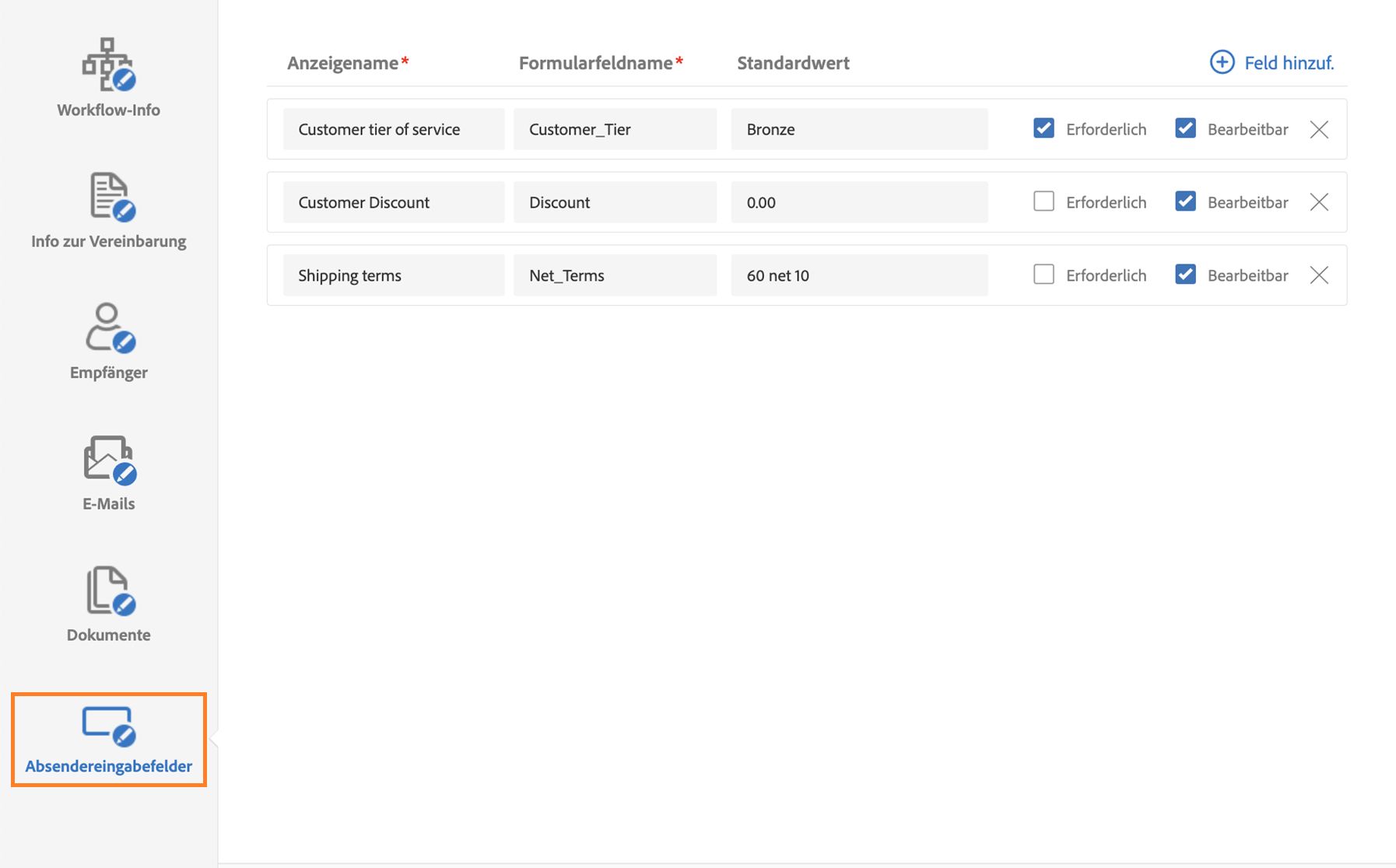 Der Custom Workflow Designer mit den Eingabefeldern für die sendende Partei