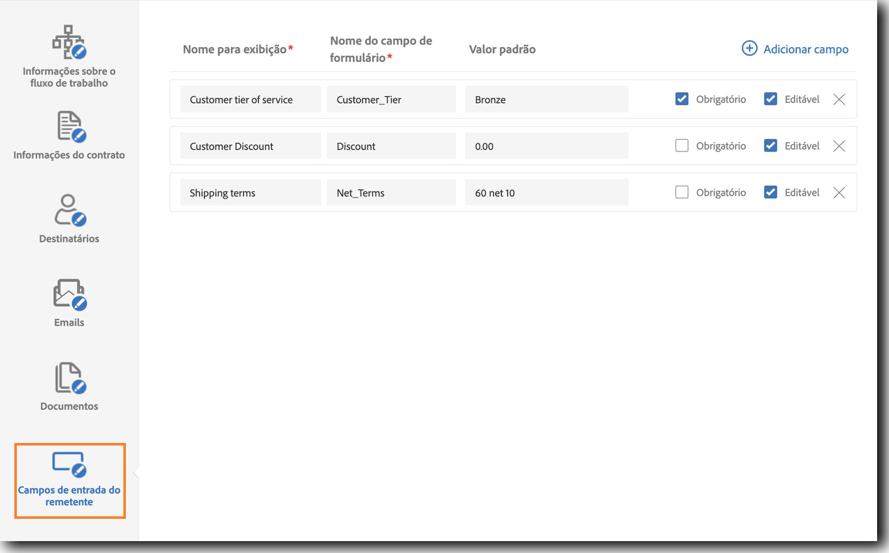 O Designer de fluxo de trabalho personalizado mostra os Campos de entrada do remetente