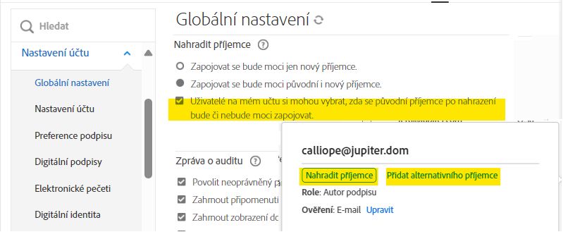 Nabídka správce Globální nastavení se zvýrazněním možnosti umožňující odesílatelům vybrat si požadovanou akci a s vloženými ovládacími prvky stránky Správa určenými pro odesílatele.