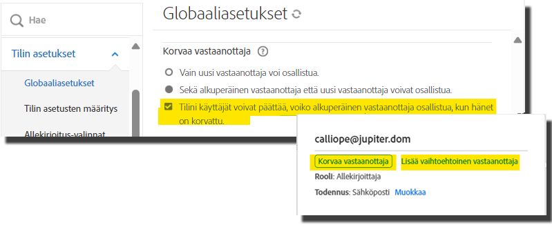 Yleisasetusten hallintovalikossa korostetaan, että lähettäjät voivat valita toimintonsa lähettäjän Hallinta-sivun ohjausobjektien ohella.