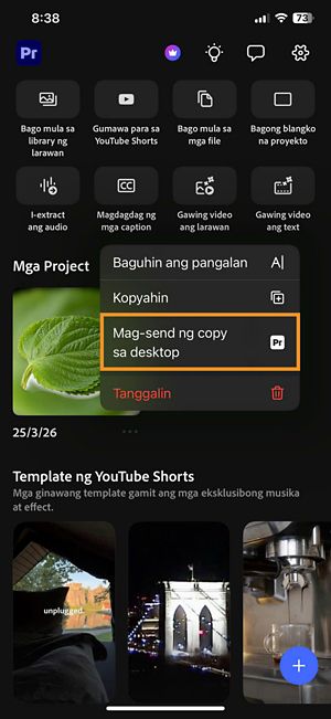 Project options menu sa Home screen na may Magpadala ng kopya sa desktop na naka-highlight.