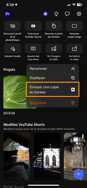 Menu options du Projet sur l’écran Accueil avec Envoyer une copie sur ordinateur mis en surbrillance.