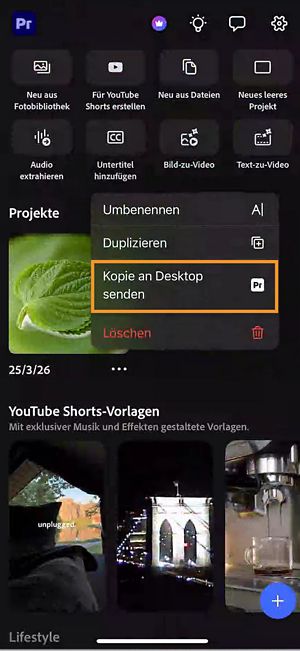 Projektoptionen-Menü auf der Startseite mit hervorgehobener Option „Kopie an Desktop senden“.