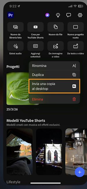 Menu opzioni progetto nella schermata Home con Invia una copia al desktop evidenziato.