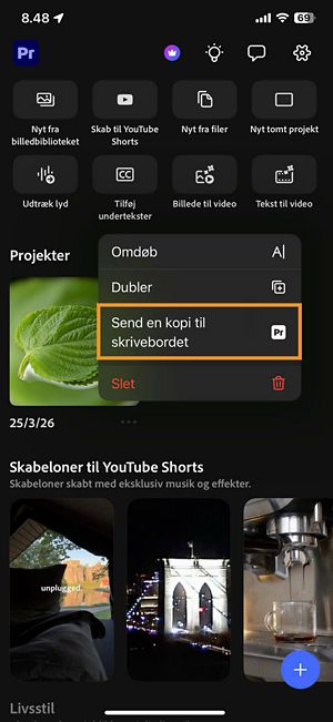 Menuen med projektindstillinger på startskærmen med Send en kopi til desktop fremhævet.