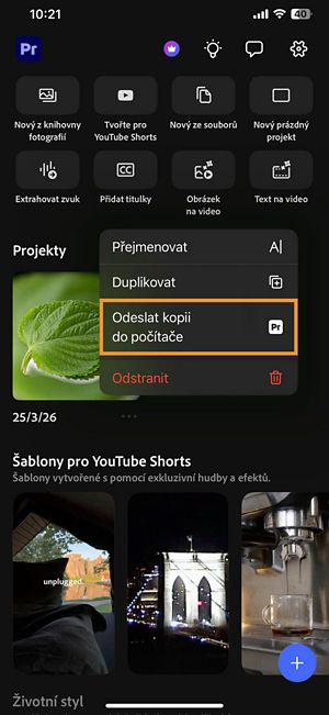 Nabídka možností projektu na domovské obrazovce se zvýrazněnou možností Odeslat kopii pro počítače.