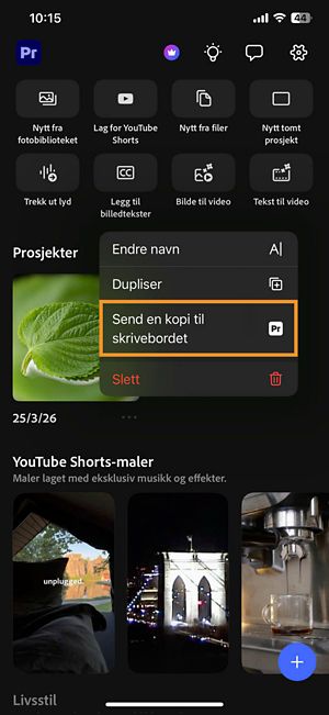 Prosjekt options-meny på startskjermen med Send en kopi til datamaskinen uthevet.