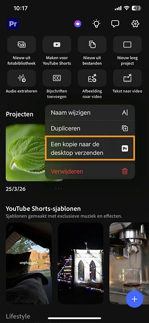 Menu met projectopties op de startpagina met Kopie naar desktop verzenden gemarkeerd.